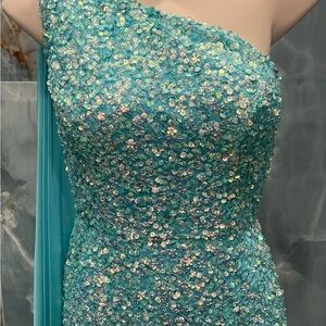 Sherri Hill Blue Asymmetrical Sequin Gown